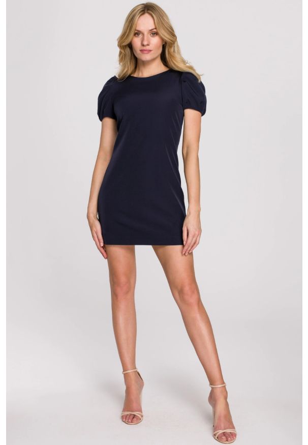 Sukienki.shop - Elegancka sukienka mini krótkie bufiaste rękawy atramentowa. Okazja: na ślub cywilny, na wesele, na imprezę. Kolor: czarny, niebieski. Styl: elegancki. Długość: mini