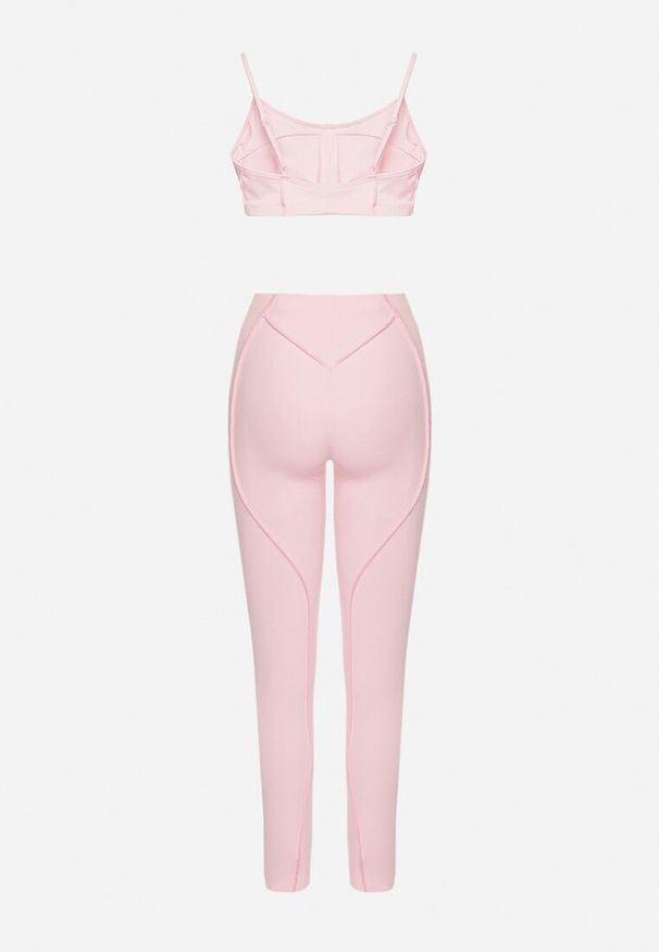 Born2be - Jasnoróżowy Komplet Sportowy z Ozdobnymi Przeszyciami Legginsy i Top na Ramiączkach Filinella. Kolor: różowy. Materiał: skóra