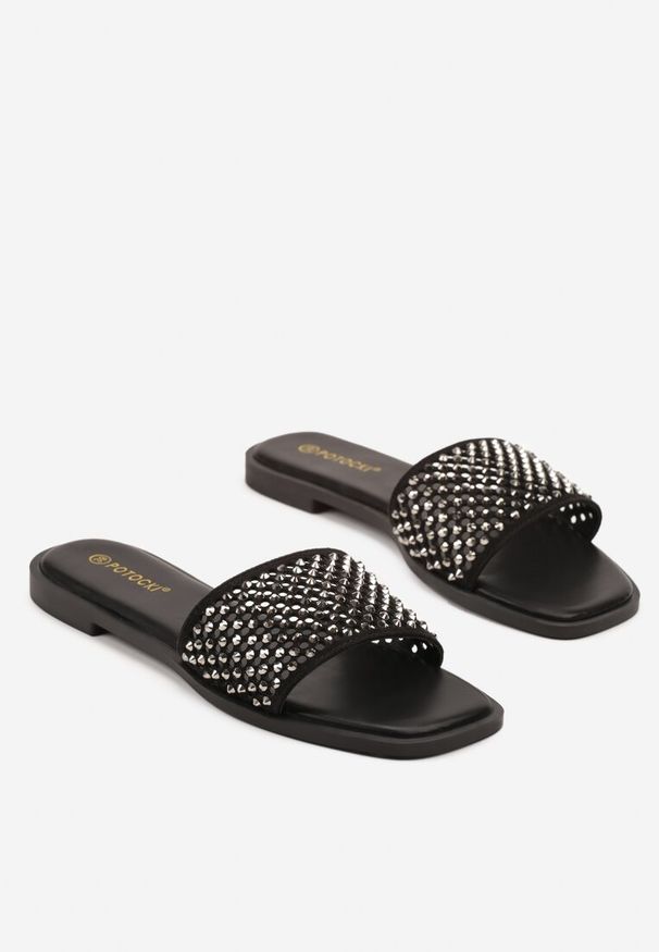 Born2be - Czarne Klapki z Ażurową Cholewką Galitia. Okazja: na co dzień. Kolor: czarny. Materiał: jeans. Wzór: ażurowy. Sezon: lato. Styl: casual