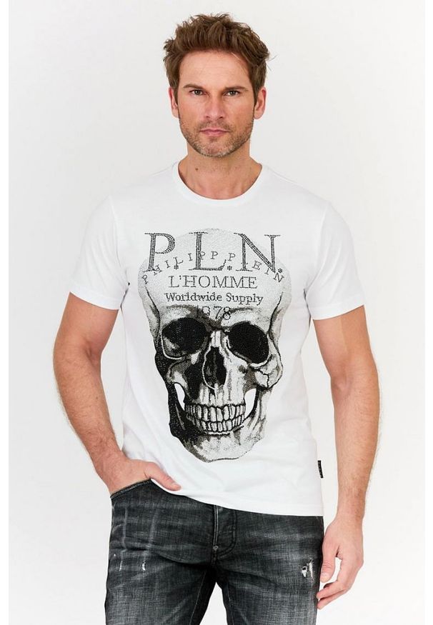 Philipp Plein - PHILIPP PLEIN Biały t-shirt Platinum cut round neck skull. Kolor: biały. Materiał: prążkowany. Wzór: aplikacja