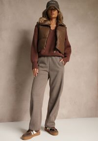 Renee - Brązowe Szerokie Spodnie Ocieplane z Bawełny High Waist Iltilia. Okazja: na co dzień. Stan: podwyższony. Kolor: brązowy. Materiał: bawełna. Styl: casual, elegancki