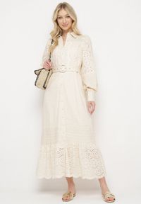 Born2be - Beżowa Koszulowa Sukienka z Lnu i Wiskozy z Paskiem w Komplecie z Ażurowym Zdobiebiem Eleces. Okazja: na co dzień, na imprezę. Kolor: beżowy. Materiał: wiskoza, len. Długość rękawa: długi rękaw. Wzór: ażurowy. Typ sukienki: koszulowe. Styl: casual, elegancki #4