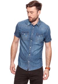 Wrangler - KOSZULA JEANSOWA MĘSKA WRANGLER SS WESTERN SHIRT MID INDIGO W5A10O78E. Materiał: jeans. Długość rękawa: krótki rękaw. Długość: krótkie