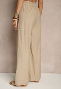 Renee - Ciemnobeżowe Wiskozowe Spodnie Palazzo High Waist z Lnem Linaselia. Okazja: na co dzień. Stan: podwyższony. Kolor: beżowy. Materiał: len, wiskoza. Styl: elegancki, casual #5