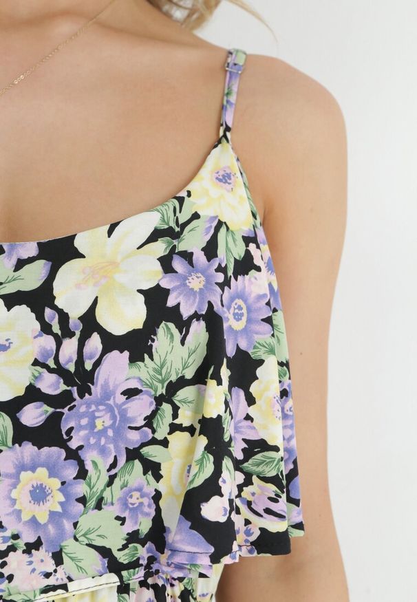 Born2be - Fioletowo-Żółta Sukienka Bawełniana w Kwiaty z Falbanką Janellie. Kolor: fioletowy. Materiał: bawełna. Długość rękawa: na ramiączkach. Wzór: kwiaty. Styl: wakacyjny. Długość: maxi