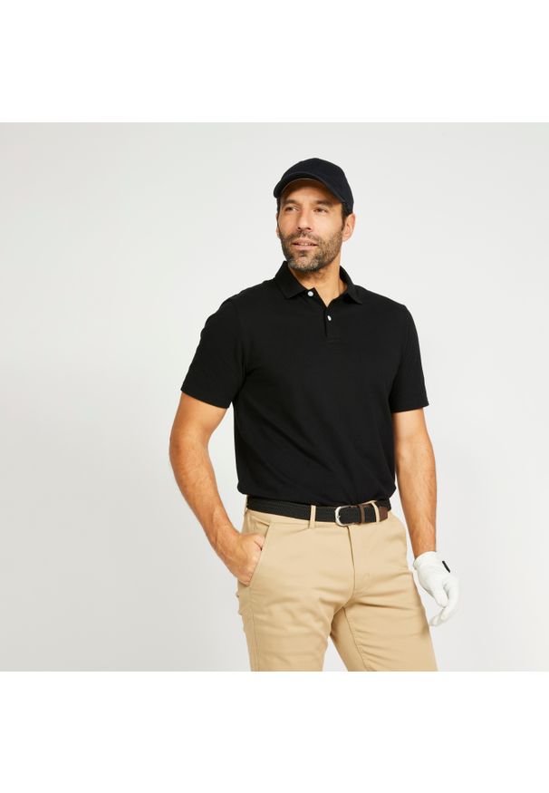INESIS - Koszulka polo do golfa z krótkim rękawem męska Inesis MW500. Typ kołnierza: golf, polo. Kolor: czarny. Materiał: poliester, bawełna, materiał. Długość rękawa: krótki rękaw. Długość: krótkie. Wzór: ze splotem. Styl: klasyczny