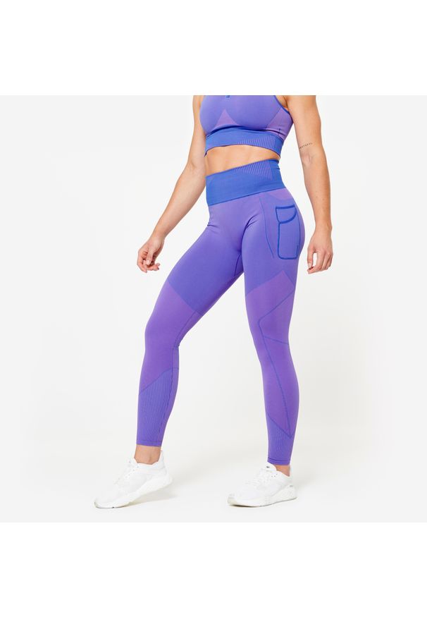 DOMYOS - Legginsy fitness damskie Domyos seamless. Kolor: niebieski, wielokolorowy, różowy. Materiał: elastan, poliester, materiał, poliamid. Wzór: kolorowy. Sport: fitness