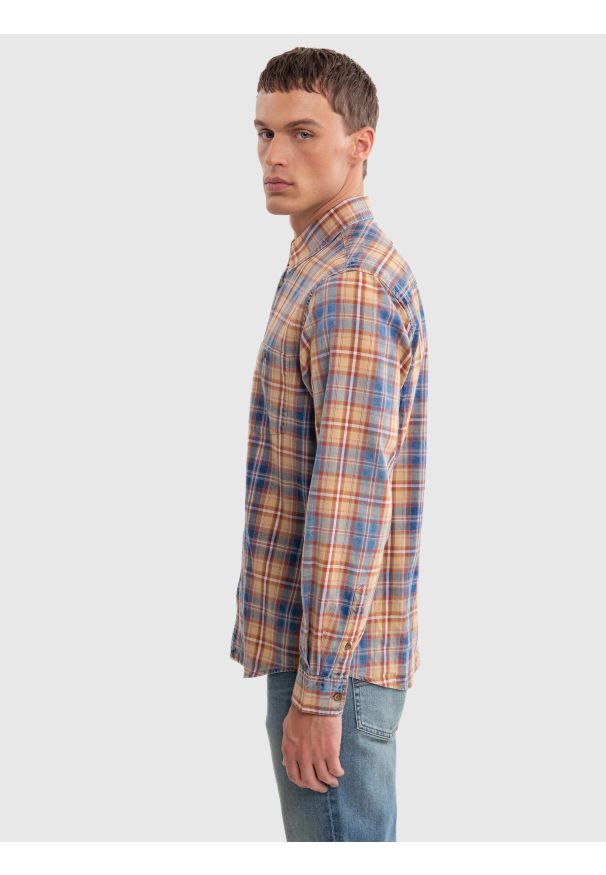 Big-Star - Koszula męska bawełniana w kratę granatowo-pomaraŅczową Indigis 402. Kolor: niebieski. Materiał: bawełna. Wzór: kolorowy, ze splotem. Styl: elegancki, retro