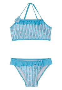 Bikini dziewczęce (2 części) bonprix jasnoniebiesko-biały w graficzny wzór. Kolor: fioletowy. Wzór: kwiaty, aplikacja #1