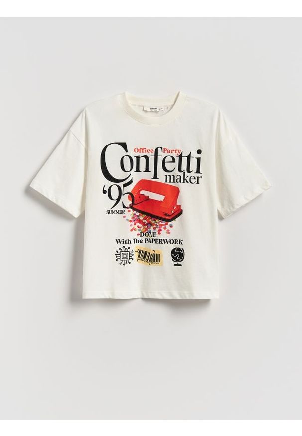 Reserved - Bawełniany t-shirt z nadrukiem - biały. Kolor: biały. Materiał: bawełna. Wzór: nadruk