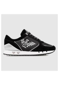 EA7 Emporio Armani - EA7 Czarne sneakersy damskie ze srebrnym logo. Kolor: czarny. Materiał: skóra, zamsz, materiał. Wzór: aplikacja