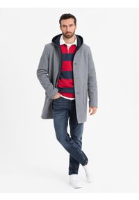 Ombre Clothing - Melanżowy męski długi płaszcz z kapturem – szary V1 - Rozmiar: XXL. Typ kołnierza: kaptur. Kolor: niebieski. Materiał: tkanina, wełna, poliester, materiał, syntetyk, włókno, nylon. Długość: długie. Wzór: melanż. Sezon: zima. Styl: elegancki