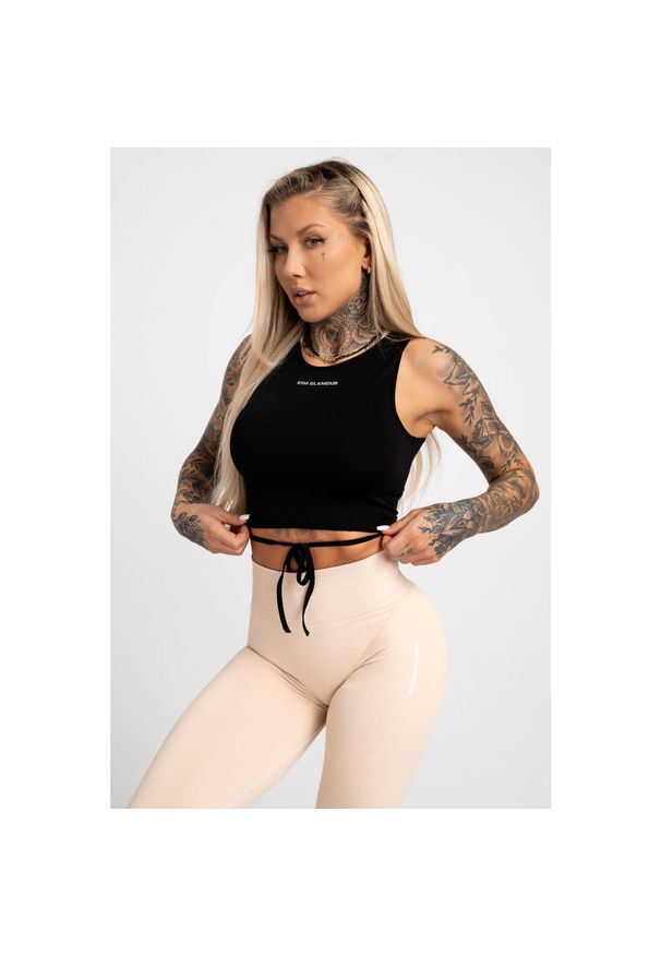 GYM GLAMOUR - Top fitness damski Gym Glamour wiązany. Kolor: czarny. Sport: fitness