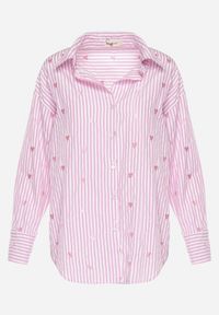 Born2be - Różowa Bawełniana Koszula w Paski z Haftowanymi Sercami Larnieka. Kolor: różowy. Materiał: bawełna. Wzór: paski, haft #3