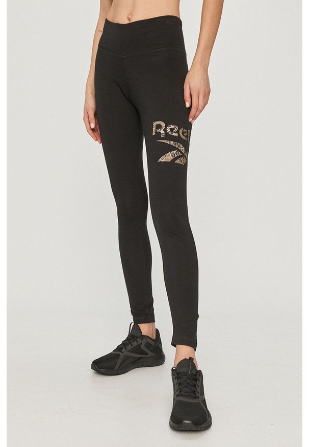 Reebok - Legginsy. Kolor: czarny. Materiał: dzianina. Wzór: nadruk