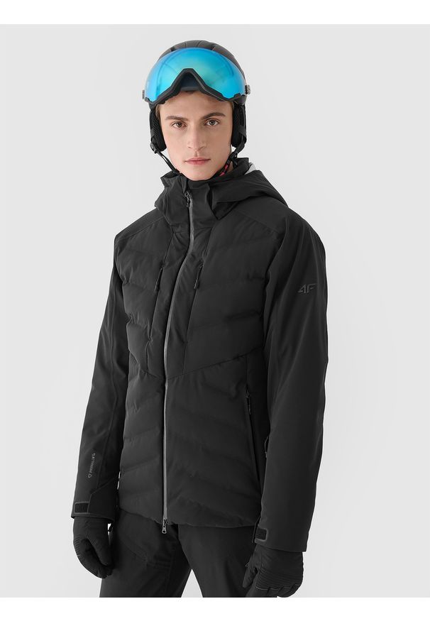 4f - 4F Kurtka narciarska membrana Dermizax 20000 męska - czarna S. Typ kołnierza: kaptur. Kolor: czarny. Materiał: dzianina, materiał, puch. Długość: długie. Wzór: aplikacja. Sezon: zima. Styl: klasyczny