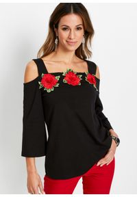 bonprix - Shirt cold-shoulder. Kolor: czarny. Wzór: aplikacja, kwiaty #1