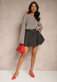 Renee - Czarna Bawełniana Spódnica Bombka z Podszewką Szorty z Paskiem Ilirisa. Okazja: na co dzień. Kolor: czarny. Materiał: bawełna. Styl: casual #5