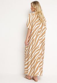 Born2be - Beżowa Rozkloszowana Sukienka Zapinana na Guziki z Rękawami Typu Nietoperz Rodmala. Okazja: na co dzień. Kolor: beżowy. Materiał: materiał. Wzór: motyw zwierzęcy, aplikacja, paski. Sezon: lato. Styl: casual #2