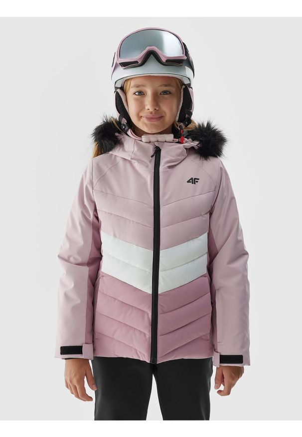 4f - Kurtka narciarska membrana 10000 dziewczęca - różowa. Kolor: różowy. Materiał: syntetyk, futro, materiał, poliester. Sezon: zima. Sport: narciarstwo