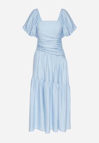 Born2be - Niebieska Sukienka Rozkloszowana z Wiskozy z Kwadratowym Dekoltem i Drapowaniem Napessia. Okazja: na co dzień. Typ kołnierza: dekolt kwadratowy. Kolor: niebieski. Materiał: wiskoza. Styl: klasyczny, casual, elegancki #2