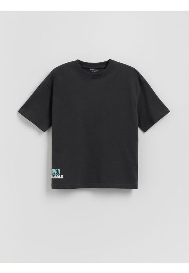 Reserved - Bawełniany t-shirt z nadrukiem - ciemnoszary. Kolor: szary. Materiał: bawełna. Wzór: nadruk