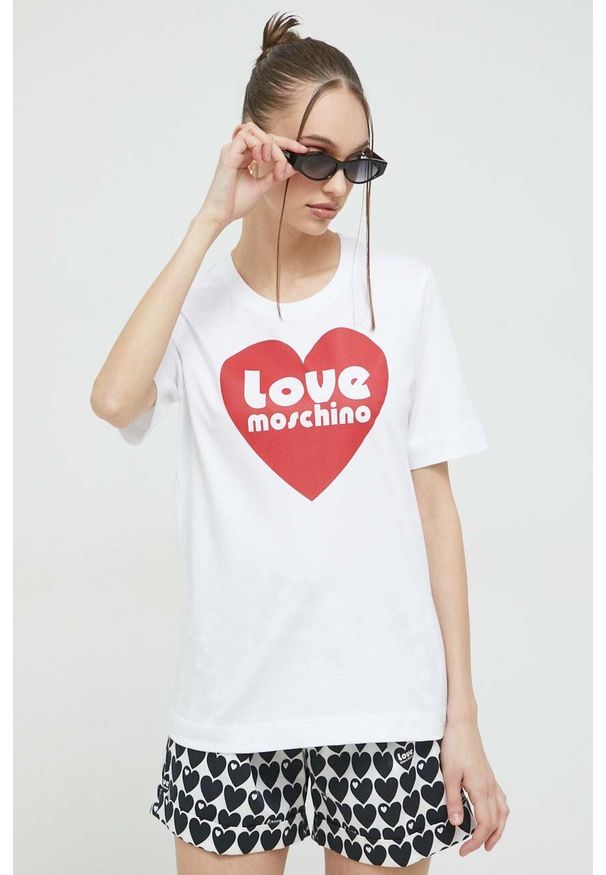 Love Moschino t-shirt bawełniany kolor biały. Okazja: na co dzień. Kolor: biały. Materiał: bawełna. Wzór: nadruk. Styl: casual