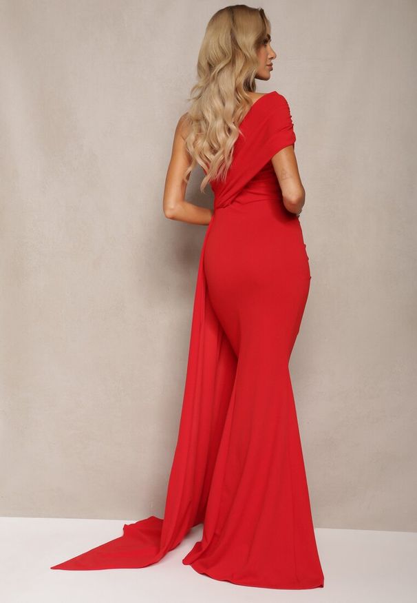 Renee - Czerwona Sukienka Maxi bez Ramiączek z Ozdobnym Trenem i Marszczeniem Kaliel. Kolor: czerwony. Długość rękawa: bez ramiączek. Styl: elegancki, klasyczny. Długość: maxi