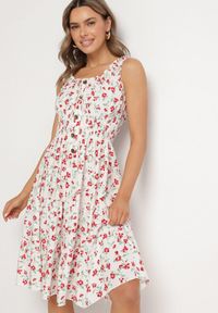 Born2be - Biało-Czerwona Sukienka Rozkloszowana na Ramiączkach w Kwiaty Tallio. Okazja: na co dzień, na imprezę, na spacer. Typ kołnierza: dekolt kwadratowy. Kolor: biały. Materiał: jeans. Długość rękawa: na ramiączkach. Wzór: kwiaty. Typ sukienki: proste, rozkloszowane. Styl: casual, klasyczny #1