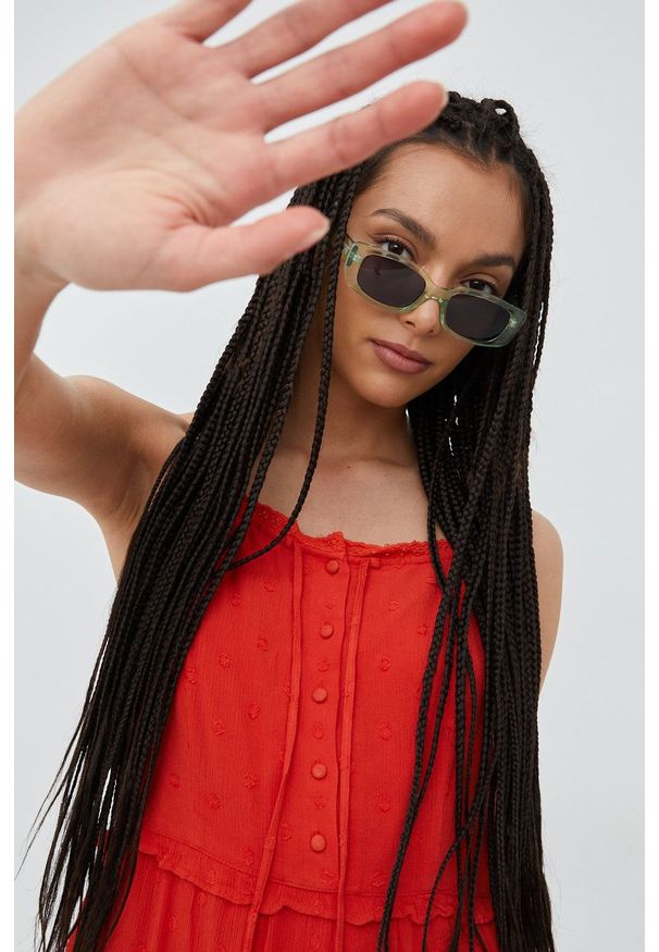 Superdry sukienka kolor pomarańczowy mini rozkloszowana. Kolor: pomarańczowy. Materiał: tkanina. Długość rękawa: na ramiączkach. Typ sukienki: rozkloszowane. Długość: mini