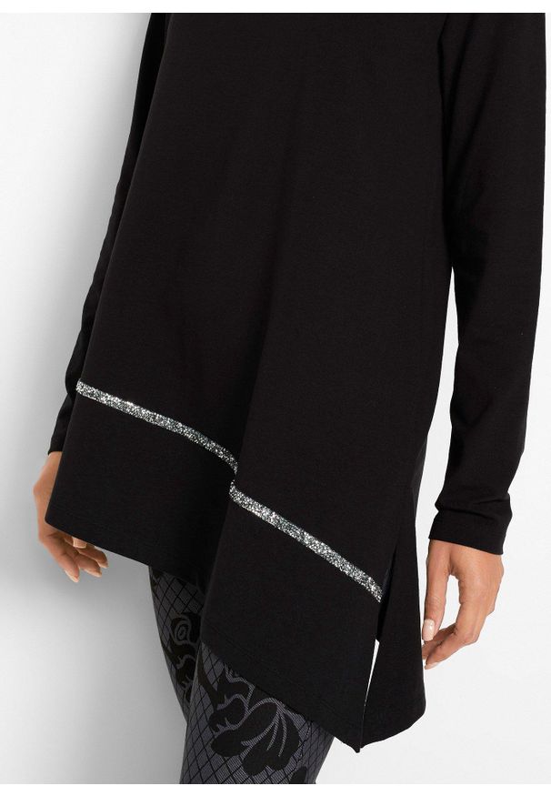bonprix - Długi shirt w asymetrycznym fasonie z brokatowym połyskiem. Typ kołnierza: dekolt w serek. Kolor: czarny. Długość: długie
