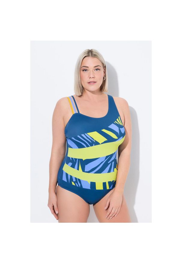 ULLA POPKEN - Damski Kostium kąpielowy bloki kolorów 3 ramiączka miękkie miseczki. Kolekcja: plus size. Kolor: niebieski. Materiał: poliamid, poliester, materiał, elastan