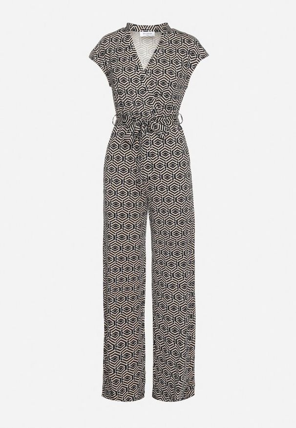 Born2be - Czarno-Biały Kombinezon z Wiskozą Wiązany w Pasie Sosofia. Okazja: na spacer, na co dzień. Kolor: czarny. Materiał: wiskoza. Styl: casual, elegancki