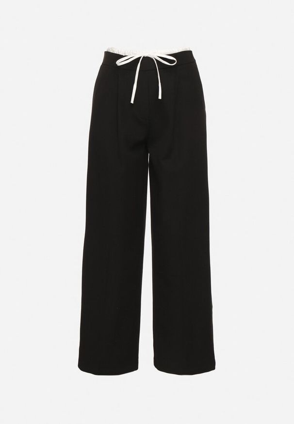 Born2be - Czarne Szerokie Spodnie Ściągane Troczkiem z Suwakiem na Boku Irissiana. Okazja: na co dzień. Kolor: czarny. Materiał: tkanina, wiskoza. Styl: elegancki, casual