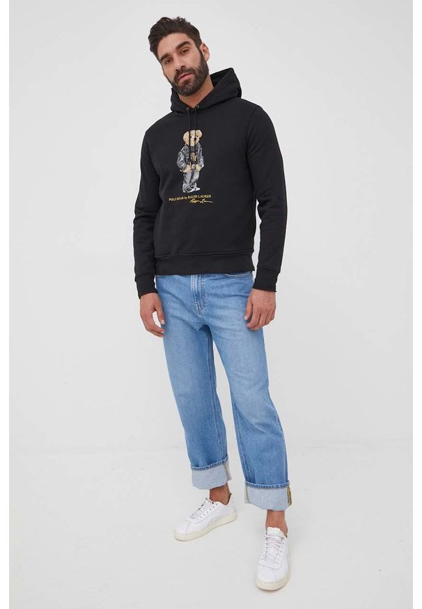 Polo Ralph Lauren bluza 710857280001 męska kolor czarny z kapturem z nadrukiem. Typ kołnierza: kaptur, polo. Kolor: czarny. Materiał: dzianina. Wzór: nadruk