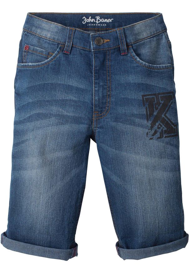 bonprix - Bermudy ze stretchem o kroju slim fit. Kolor: niebieski. Wzór: nadruk