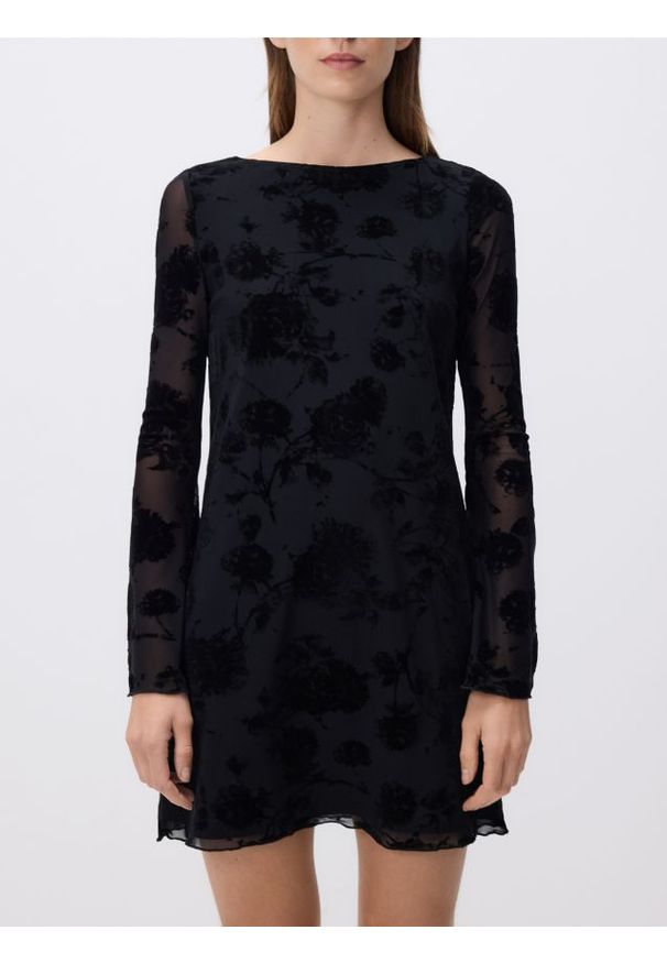 Reserved - Sukienka mini w kwiaty - czarny. Kolor: czarny. Materiał: dzianina. Wzór: kwiaty. Typ sukienki: proste. Długość: mini