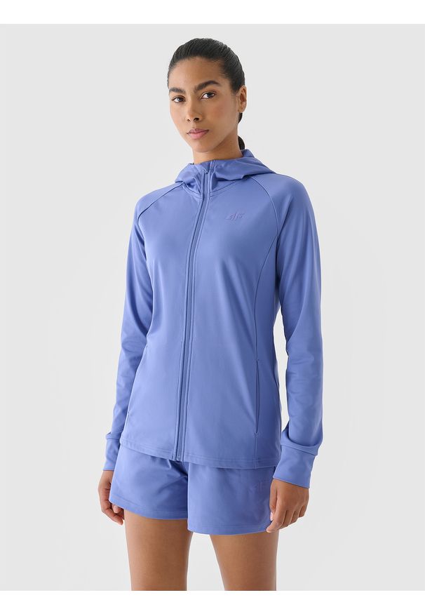 4f - 4F Bluza treningowa slim szybkoschnąca damska - granatowa XS. Typ kołnierza: kaptur, kołnierzyk stójkowy. Kolor: niebieski. Materiał: dzianina, włókno, syntetyk, jersey, materiał, elastan. Długość rękawa: raglanowy rękaw. Wzór: gładki, ze splotem, jednolity. Styl: sportowy. Sport: fitness
