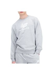 Bluza New Balance MT31538AG - szara. Kolor: szary. Materiał: bawełna, prążkowany, poliester. Wzór: napisy, aplikacja. Styl: klasyczny