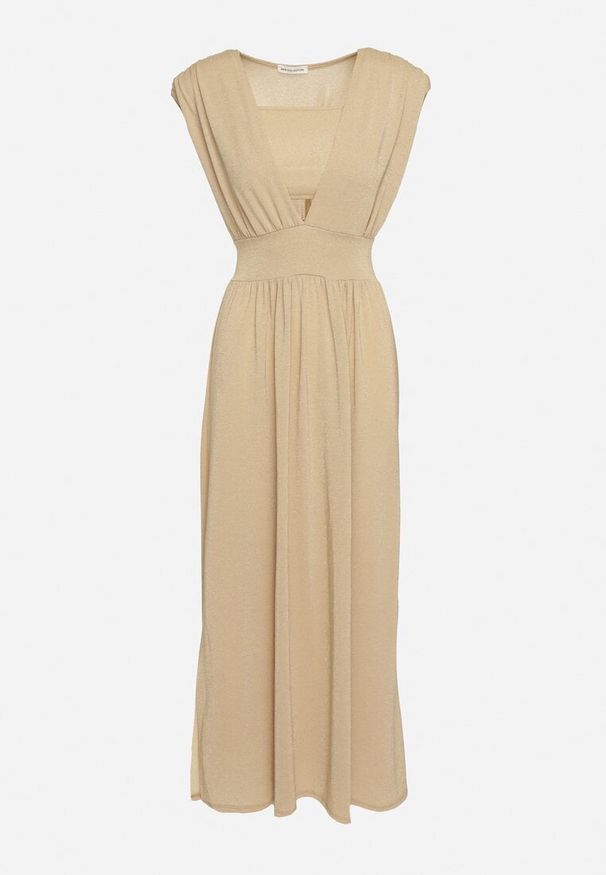 Born2be - Jasnożółta Rozkloszowana Sukienka z Gumką w Talii Zdobiona Metaliczną Nicią Fagelia. Okazja: na co dzień. Kolor: żółty. Długość rękawa: krótki rękaw. Wzór: aplikacja. Typ sukienki: proste. Styl: glamour, casual