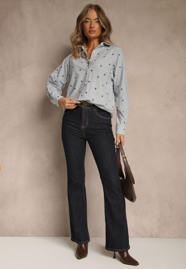 Renee - Niebieska Koszula z Bawełny w Serduszka i Drobne Paseczki Fenimalla. Okazja: na randkę. Kolor: niebieski. Materiał: bawełna. Styl: klasyczny, elegancki