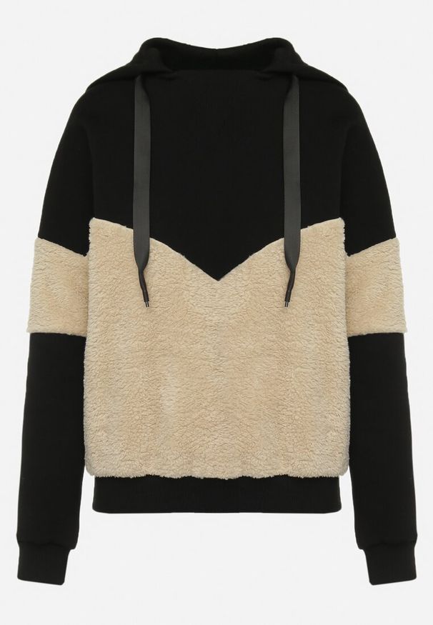 Born2be - Czarna Dwukolorowa Bluza z Bawełny z Polarowymi Wstawkami i Kapturem Dikea. Kolor: czarny. Materiał: polar, bawełna. Sezon: zima. Styl: elegancki