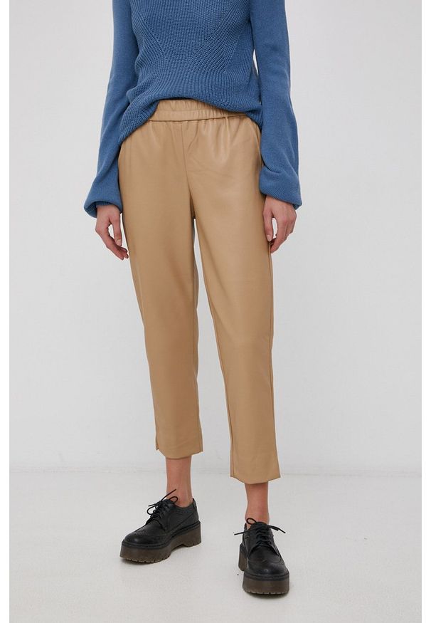 only - Only Spodnie damskie kolor beżowy proste high waist. Stan: podwyższony. Kolor: beżowy. Materiał: materiał