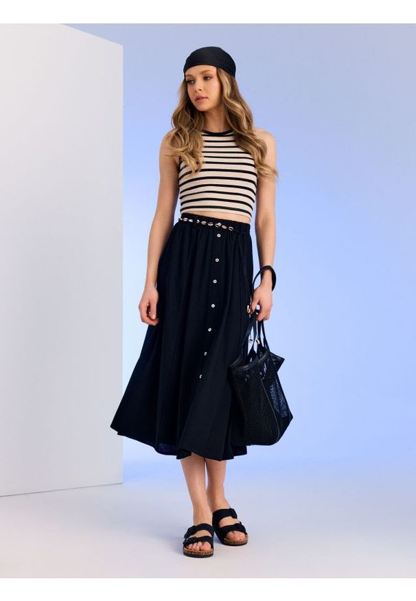 Sinsay - Spódnica midi z ozdobnym paskiem i domieszką lnu - czarny. Kolor: czarny. Materiał: len