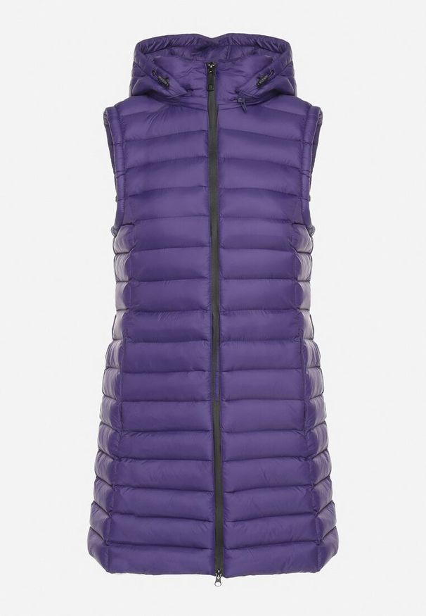 Born2be - Ciemnofioletowa Kamizelka Pikowana o Dłuższym Fasonie z Kapturem Vitilie. Okazja: na co dzień. Typ kołnierza: kaptur. Kolor: fioletowy. Materiał: jeans. Długość: długie. Styl: casual, elegancki