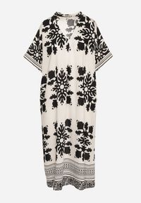 Born2be - Biała Sukienka Pudełkowa z Wiskozy z Dekoltem w Serek w Etniczny Wzór Abrellis. Okazja: na co dzień, na spacer. Typ kołnierza: dekolt w serek. Kolor: biały. Materiał: wiskoza. Długość rękawa: krótki rękaw. Styl: casual, elegancki #2