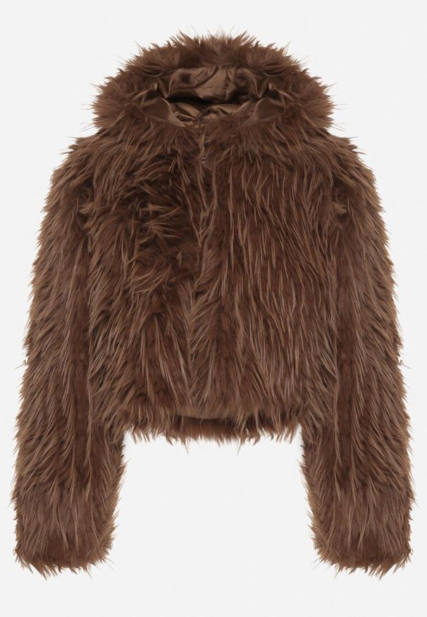 Born2be - Brązowa Kurtka Futerko na Suwak z Kapturem Zetale. Okazja: na spacer. Typ kołnierza: kaptur. Kolor: brązowy. Materiał: futro. Wzór: gładki