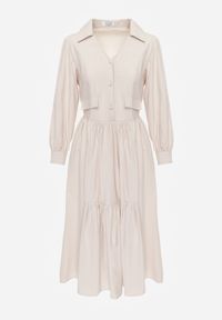 Born2be - Beżowa Bawełniano-Wiskozowa Sukienka Koszulowa z Imitacją Kieszeni Biriala. Okazja: na co dzień. Kolor: beżowy. Materiał: wiskoza, bawełna. Typ sukienki: koszulowe. Styl: casual, elegancki, klasyczny #8