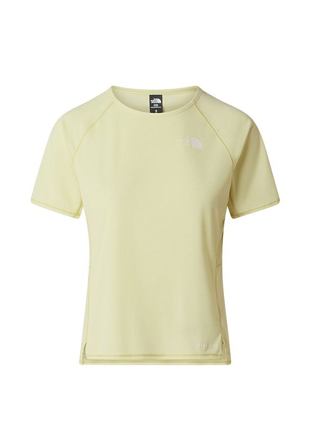 Koszulka damska The North Face Sunriser 0A8BBXG6O1 - żółta. Kolor: żółty. Materiał: materiał, poliester. Długość rękawa: krótki rękaw. Długość: krótkie. Wzór: nadruk. Sport: fitness