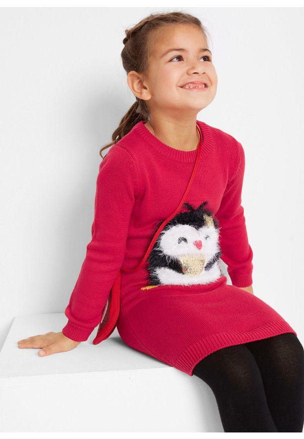 bonprix - Sukienka dzianinowa z torebką (komplet 2-cz.). Kolekcja: plus size. Kolor: czerwony. Materiał: dzianina. Styl: wizytowy